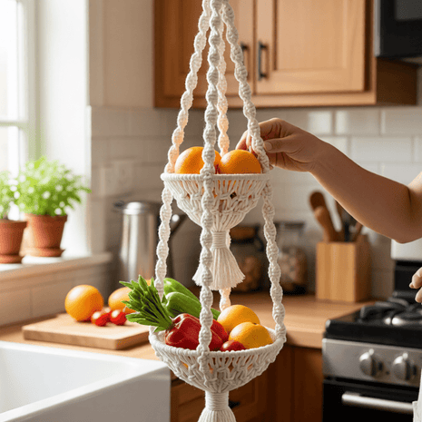Double Hanging Macrame Fruit Bowl - Macrame fruit bowl - macrame - 