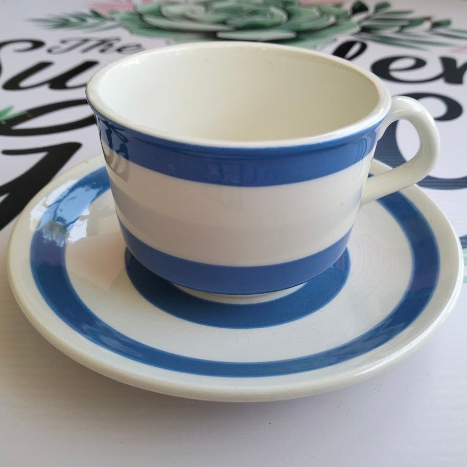 White & Blue Stripe Tea Cup Planter - Planter - ceramic - planter - succulent planter