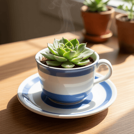 White & Blue Stripe Tea Cup Planter - Planter - ceramic - planter - succulent planter
